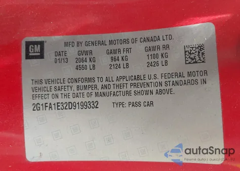 2013 Chevrolet Camaro Ls z USA, uszkodzony, nr VIN 2G1FA1E32D9199332